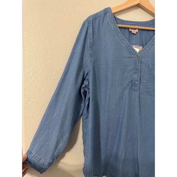 Como Re-Vintage Chambray 3/4 Roll Tab Sleeve Blouse Size Large NWT‎ - Picture 2 of 7